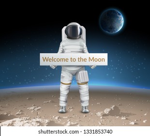 Vector illustration of realistic astronaut in spacesuit stand on surface of moon and holding a signboard with an invitation. Space background with radiance from behind and the silhouette of the Earth