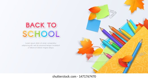 Vector illustration with realistic autumn leaves, paper shopping bag and Back to School stationery (3d colored pencils, eraser, ruler, sticky notes, notebooks). Template for design of flyer or banner.