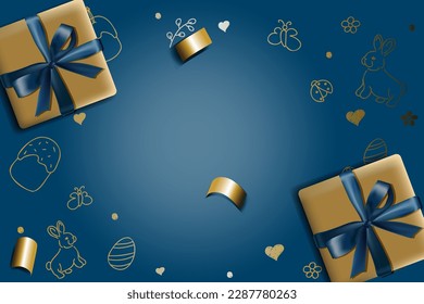 Vector illustration. Realistic background with 3D objects, Easter decor: gift box with satin bow, golden confetti. View from above. Festive background with Easter linear symbols. Copy space for text.