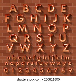 Vector illustration of realistic ball lamp alphabet for light board.Orange grow text on brick wall as background