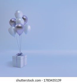 Ilustración vectorial de globos realistas y caja de regalo con arco sobre fondo morado. Espacio vacío para fiestas, promoción de carteles en medios sociales, afiches.