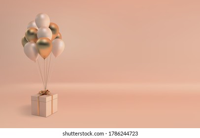 Vector illustration of realistic balloons and gift box with bow on beige background. Empty space for party, promotion social media banners, posters.