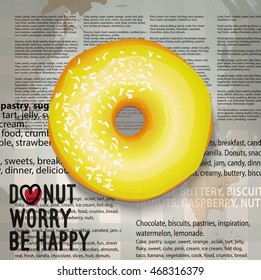 Vector illustration of realistic banana color donut icon. Glazed doughnut with coconut on the newspaper background.