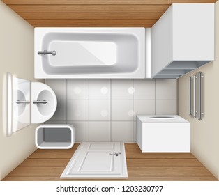 Vector illustration of realistic bathroom interior with beige and wooden walls. White rectangular bath on tiled floor with washing machine, shelves, bin, sink and mirror, top view