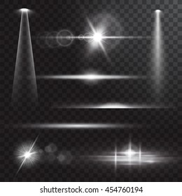 Vector illustration of realistic beam lights on transparent background.