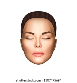 Vector illustration of realistic beautiful nice woman face witn closed eyes, light skin on white background isolated. Photorealistic style.