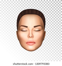Vector illustration of realistic beautiful nice woman face witn closed eyes, light skin on on transparent background isolated. Photorealistic style.