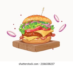 Vector illustration of realistic big hamburger on white background