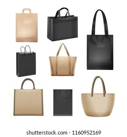 Vector illustration of realistic black and beige shopping bags collection set isolated on white background