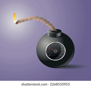 Vector illustration realistic black bomb dynamite with burning cord