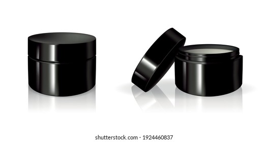 Vector illustration of realistic black glossy plastic jar for cosmetics isolated on white background