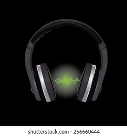 vector illustration of the realistic black headphones with green electro sound waves