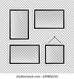 Vector illustration of realistic black and white empty photo frames template over transparent background for your design