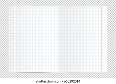 Vector illustration of realistic blank squared copy book spread isolated on transparent background. Chequered copybook for practicing math