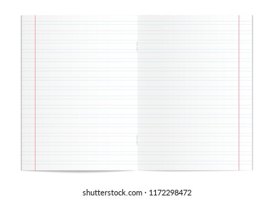 Vector illustration of realistic blank writing practice copybook spread isolated on white background. Lined pages for handwriting and lettering used in elementary school