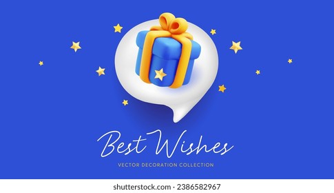 Vector illustration of realistic blue color gift box with yellow ribbon in speech bubble and text. 3d style holiday design of present box with star on blue background. Festive gift surprise for card