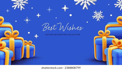 Vector illustration of realistic blue color gift box with yellow ribbon and text. 3d style holiday design of pile of present box with snowflake on blue background. Festive gift surprise for web, site