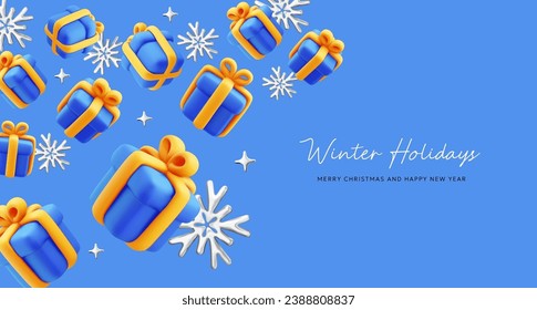 Vector illustration of realistic blue color gift box with yellow ribbon and text. 3d style holiday design with pattern of present box with snowflake on blue background. Festive gift surprise for card