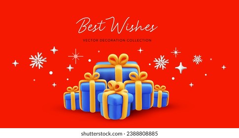 Vector illustration of realistic blue color gift box with yellow ribbon and text. 3d style holiday design of pile of present box with snowflake on red background. Festive gift surprise for web, site