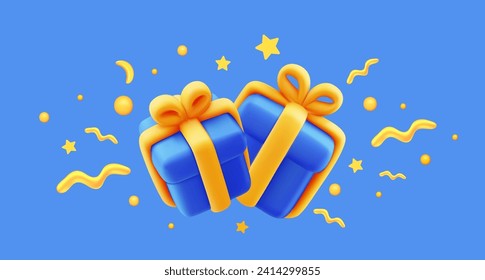 Vector illustration of realistic blue color gift box with yellow ribbon and confetti. 3d style holiday design of present box and golden star on blue background. Festive gift surprise for banner