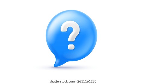 Vector illustration of realistic blue color speech bubble with question mark. 3d cartoon style design of speech bubble with question. Social media symbol of communication and faq icon for web, banner