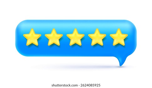 Vector illustration of realistic blue color speech bubble with 5 star. Social media symbol of communication icon with review comment. 3d cartoon style design of text speech bubble with five star rate