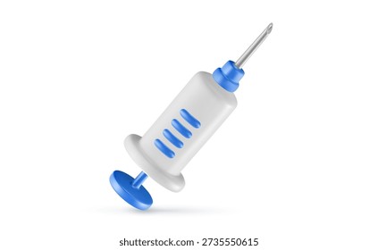 Vector illustration of realistic blue color doctor or nurse syringe on white background. Medical symbol of injection syringe for vaccination and treatment. 3d cartoon style design of medical tool icon
