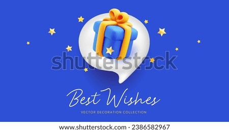 Vector illustration of realistic blue color gift box with yellow ribbon in speech bubble and text. 3d style holiday design of present box with star on blue background. Festive gift surprise for card