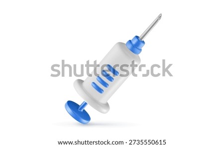Vector illustration of realistic blue color doctor or nurse syringe on white background. Medical symbol of injection syringe for vaccination and treatment. 3d cartoon style design of medical tool icon