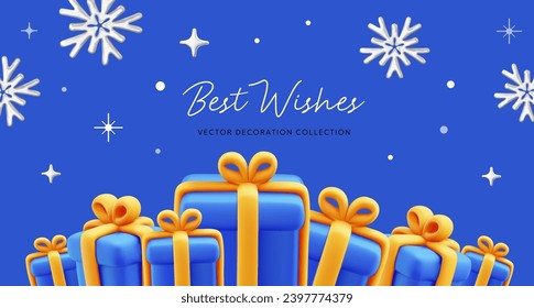 Vector illustration of realistic blue gift box with yellow ribbon and text. 3d style holiday design of pile of present box with snowflake on blue color background. Festive gift surprise for web, site