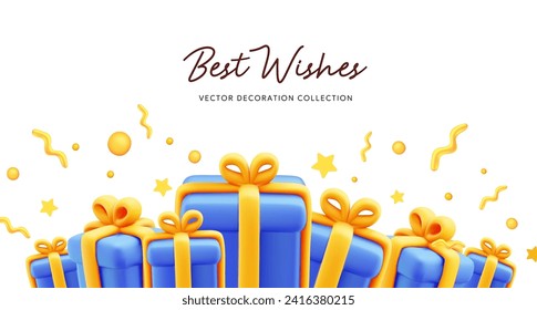Vector illustration of realistic blue gift box with yellow ribbon and text best wishes. 3d style holiday template design of pile of present box on white color background. Festive gift surprise for web