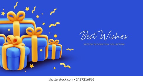 Vector illustration of realistic blue gift box with yellow ribbon and text best wishes on blue color background. 3d style holiday template design of pile of festive present box with star and confetti