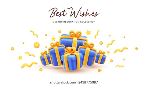 Vector illustration of realistic blue gift box with golden ribbon and text best wishes. 3d style holiday template design of pile of present box on white color background. Festive gift surprise for web