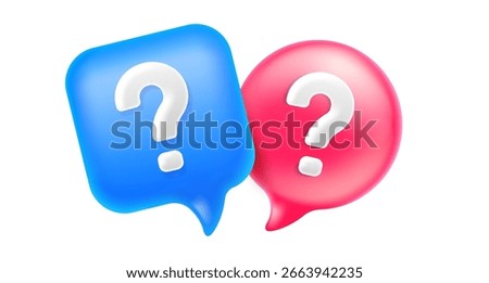 Vector illustration of realistic blue and red color speech bubble with question mark. 3d cartoon style design of two speech bubble with question. Social media symbol of communication and faq icon