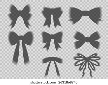 Vector illustration of realistic bow shadows on transparent background. Great for digital design, overlays, scrapbook decoration, and fashion mockups. Soft grayscale style with depth effect.