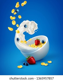 Vector illustration of realistic bowl cornflakes with flying fresh berries and milk splash isolated on blue background for healthy breakfast, ads concept