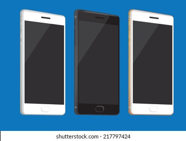 Vector Illustration Of Realistic Brand New Smart Phone In Three Different Colors Isolated On Blue Background