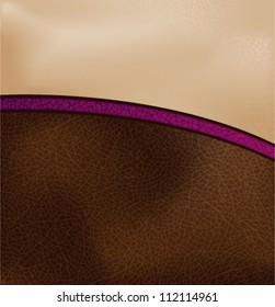 Vector illustration of realistic brown leather in a curved arc shape with a purple trim. Transparency effects used (multiply and soft light).