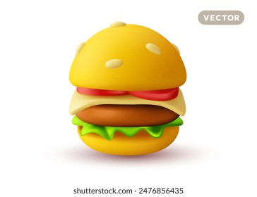 Vector illustration of realistic burger with cheese and salad on white color background. 3d style cartoon design of big hamburger with shadow. Fast food for web, site, banner, menu, card