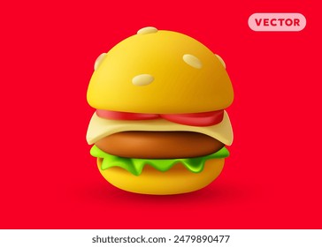 Ilustración vectorial de hamburguesa realista con queso y ensalada sobre fondo de color rojo. Diseño de dibujos animados de estilo 3d de hamburguesa grande con sombra. Comida rápida para Web, sitio, Anuncio, menú, tarjeta