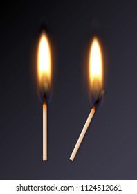 Vector illustration of realistic burning matches with orange flame isolated on dark background