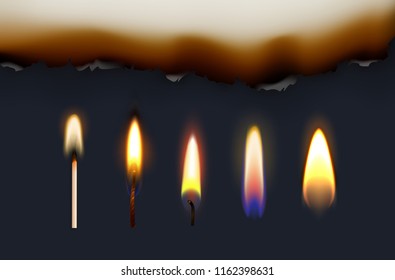 Vector illustration of realistic burning matches, wick and candle flame, multi-colored fire with burnt paper isolated on dark  background