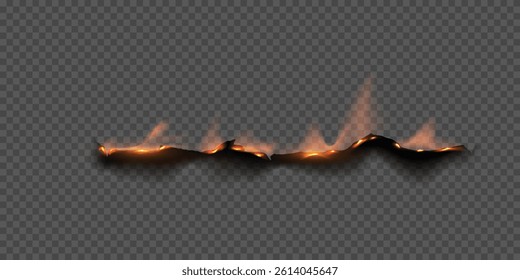 Vector illustration of realistic burnt paper edge with fire and charred edges. Burnt border. For effects, texture overlays or frames. Isolated transparent background.