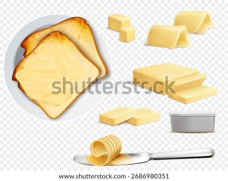 Vector illustration of realistic butter, isolated on transparent background. Calorie product from margarine or natural butter. Dairy ingredient and buttered bread on white plate and steel knife.