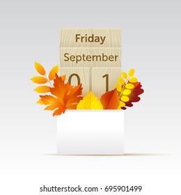 Vector illustration, realistic calendar mock up with bright autumn leaves. First day of Autumn.