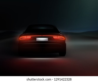 Vector Illustration Of Realistic Car Back Lights Glow In Dark Night Background