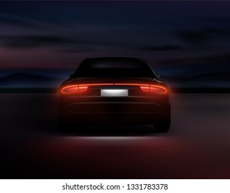 Vector Illustration Of Realistic Car Back Lights Glow Isolated In Dark Night Background