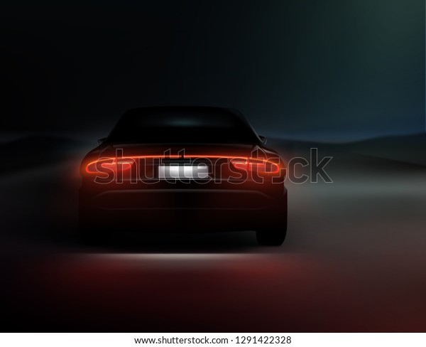 Vector illustration of realistic car back\
lights glow in dark night\
background
