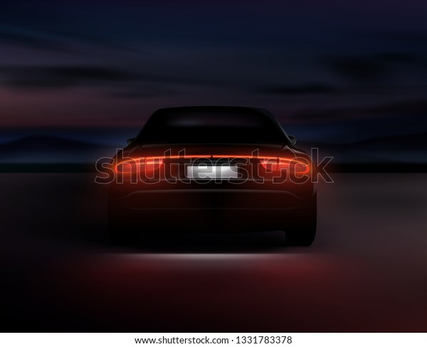 Vector illustration of realistic car\
back lights glow isolated in dark night\
background