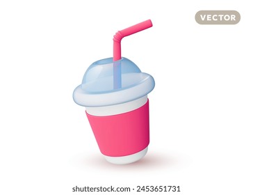 Vector illustration of realistic cardboard drink cup with plastic cover and tube on white color background. 3d style design of takeaway fastfood beverage with shadow for web, site, banner, menu, card